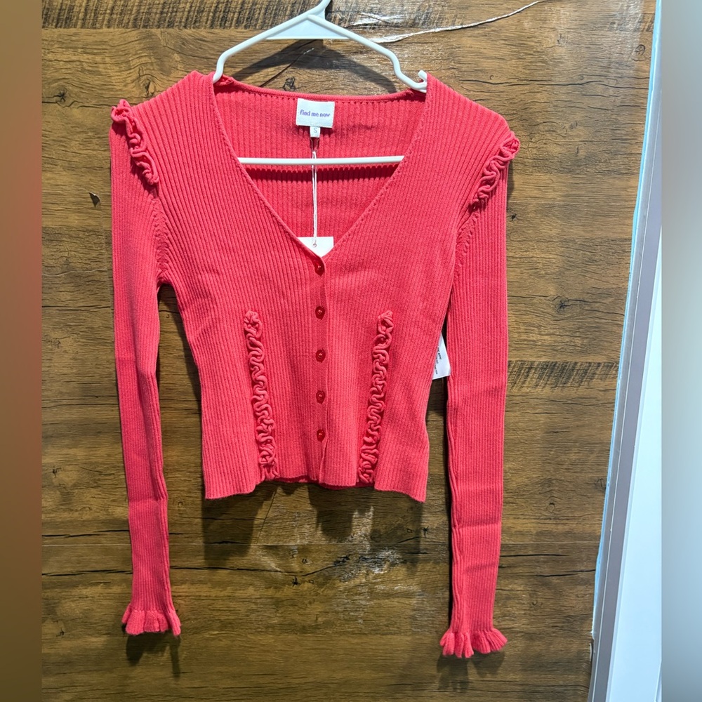 V-Neck Ruffle Trim Ribbed Cardigan - Coral Red - Picture 3 of 8